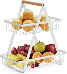 1PC 2-Tier Removable Metal Wire Storage Basket with Wooden Handle, Foldable Tiered Organizer, Breathable Rack for Fruit Vegetable Snack, Modern Kitchen Countertop Organizer for Dining Table Home
