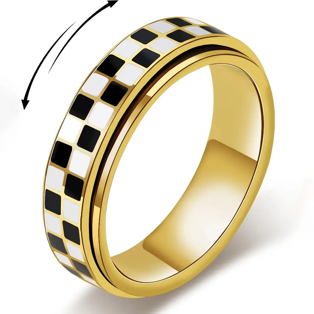 Unisex Stainless Steel Black and White Checkerboard Spinner Ring, Anxiety-Soothing Rotating Everyday Costume Jewelry
