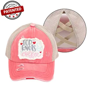 C.C Distressed Embroidered Top Knots and Coffee Patch Pony Cap for Women graphic hat