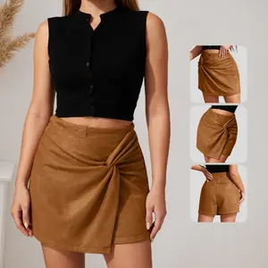 Elegant Twist-Front Suede Skort for Women Irregular Hem and High Waist Skirts for Daily Travel