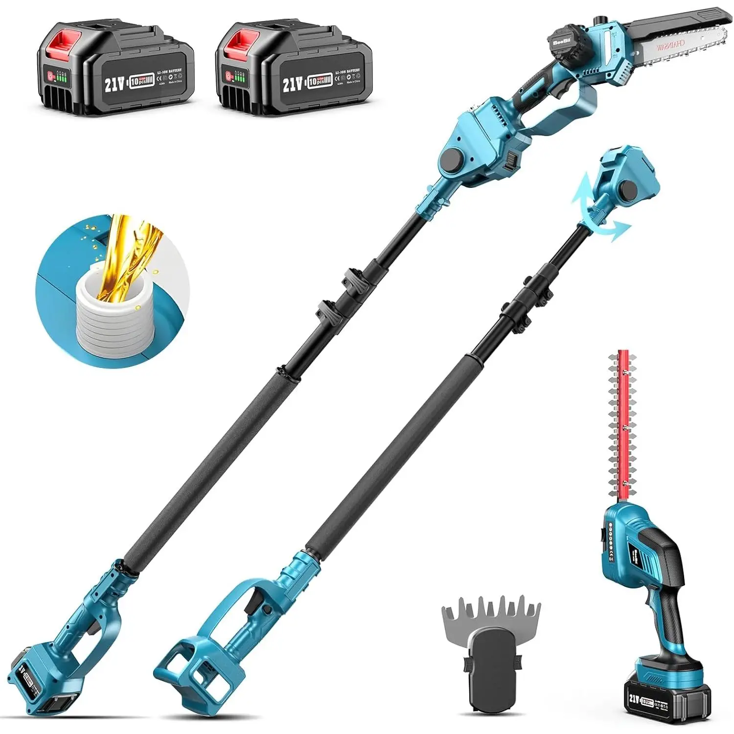 Seesii 6-in-1 Cordless Pole Saw and Pole Hedge Trimmer Grass Shears Combo Kit, Electric Mini Chainsaw with 2*4.0 Ah Batteries, Extension Tree Prunner,