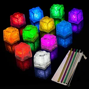12pk Light Up Ice Cubes for Drinks + 4pk Bonus  Straws - LED Glowing Cubes - Flashing Color Changing -  Water Activated for Bath,  & Party