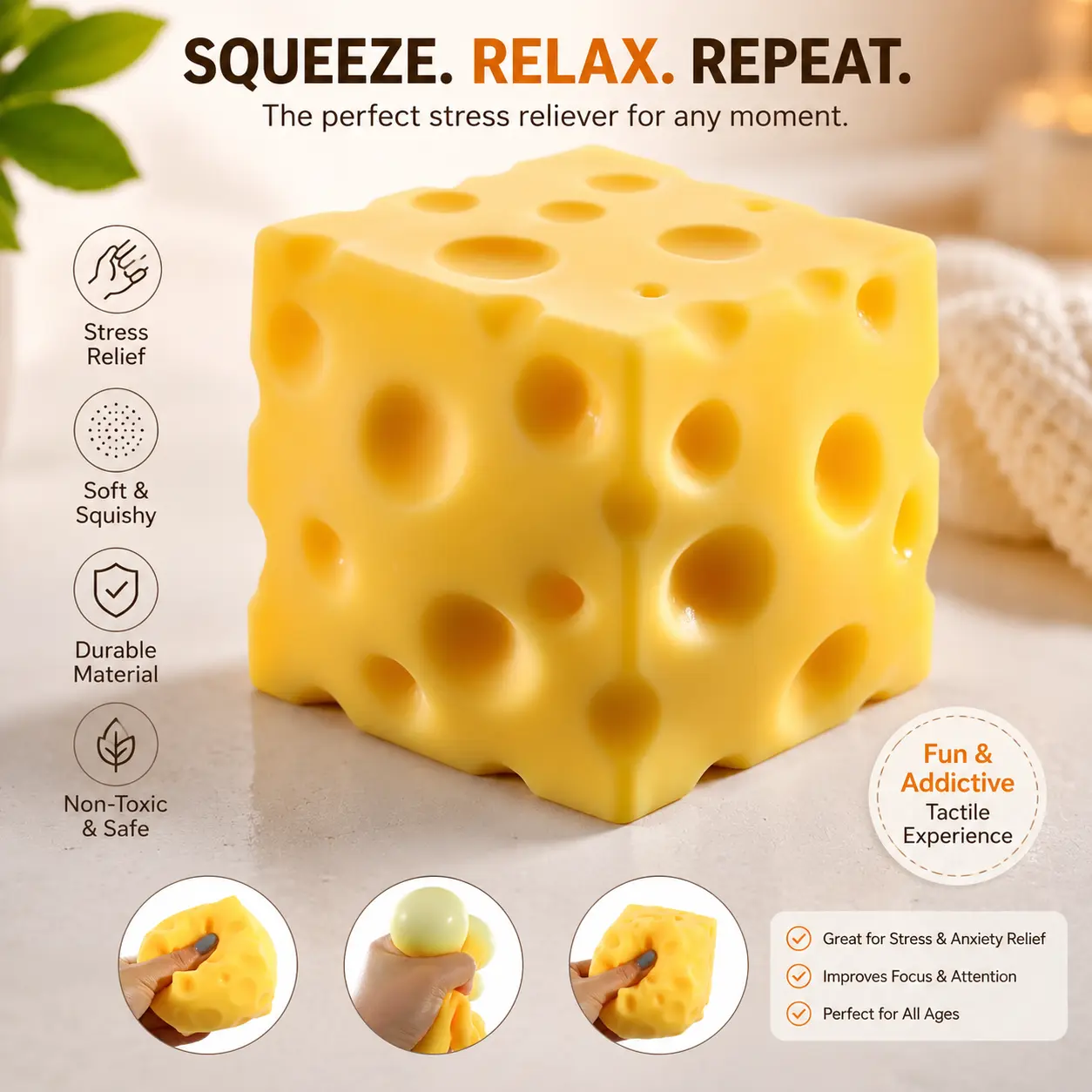Cheese Squishy (6cm),Cheese Block Squeeze Toy,Squishies Stress Relief Fidget Toys,Stocking Stuffer Novelty Birthday Gifts for Kids Teens Boys Girls (2.4 inch)