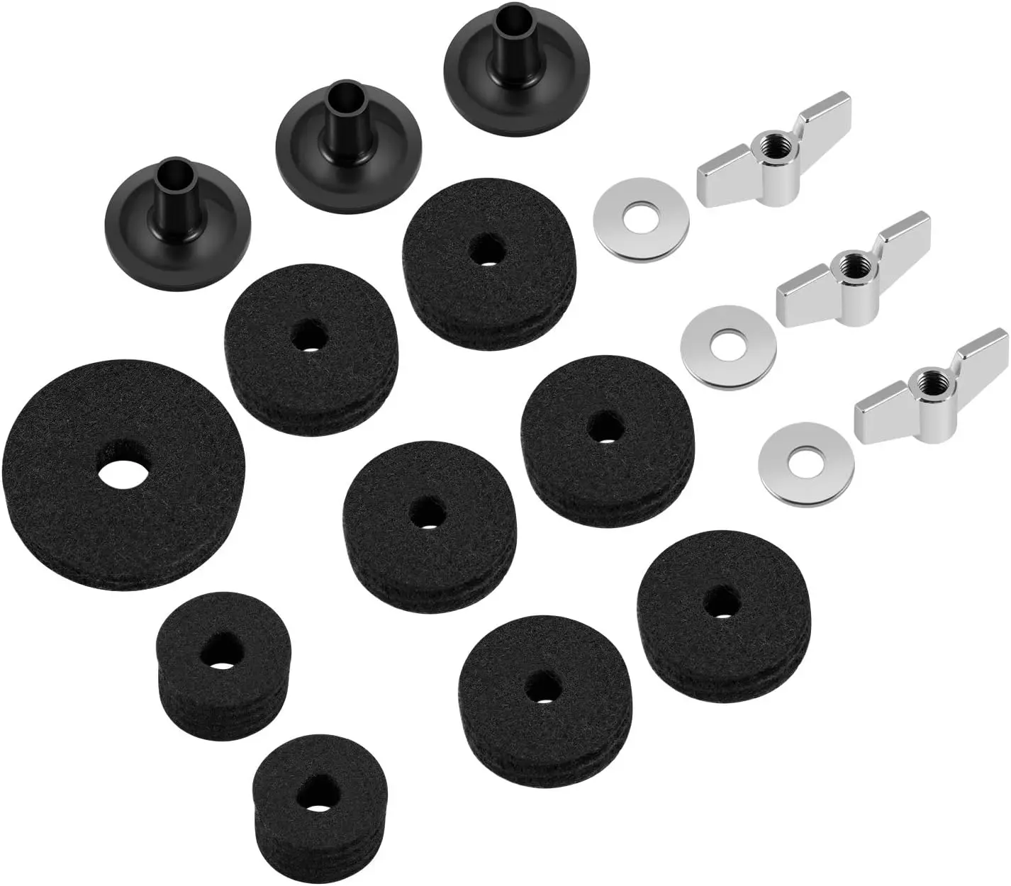 18-Piece Cymbal Accessories Kit - Includes Cymbal Felts and Sleeves with Base, Wing Nuts, Washers, & Hi-Hat Cup & Clutch Felts for Mounting & Securing Cymbals on Drum Sets (Black)