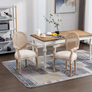 French Vintage Upholstered Fabric Dining Armchair, Set of 2, Beige