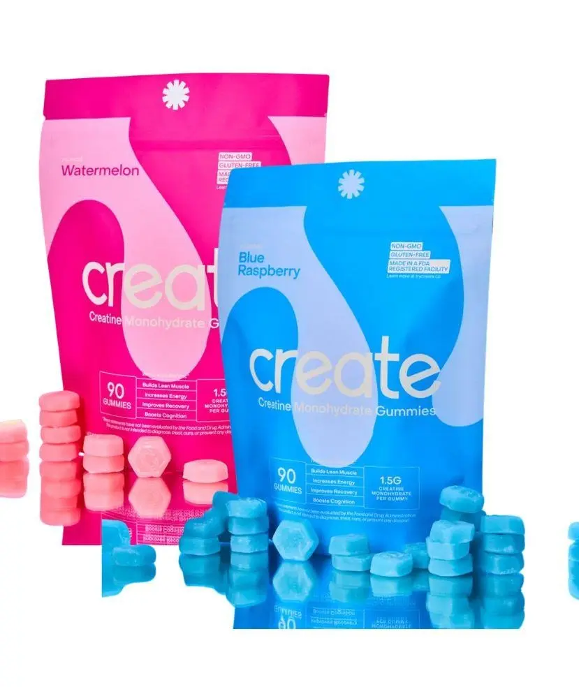 Chewable Creatine Monohydrate Gummies, 2 Packs (90 Count Each) for Men & Women, Blue Raspberry & Watermelon Flavors, 1.5g Creatine per Serving, Natural Fitness Dietary Supplement for Strength, Muscle Building & Recovery, Two Packs