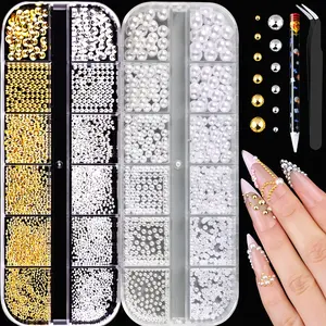 Flatback Nail Pearls Gems, Round Silver and Gold Nail Charms Beads and White Beige Pearls for Nails with Pickup Pencil and Tweezers, Pearl Nail Charm Rhinestones for Crafting Face Hair Manicure