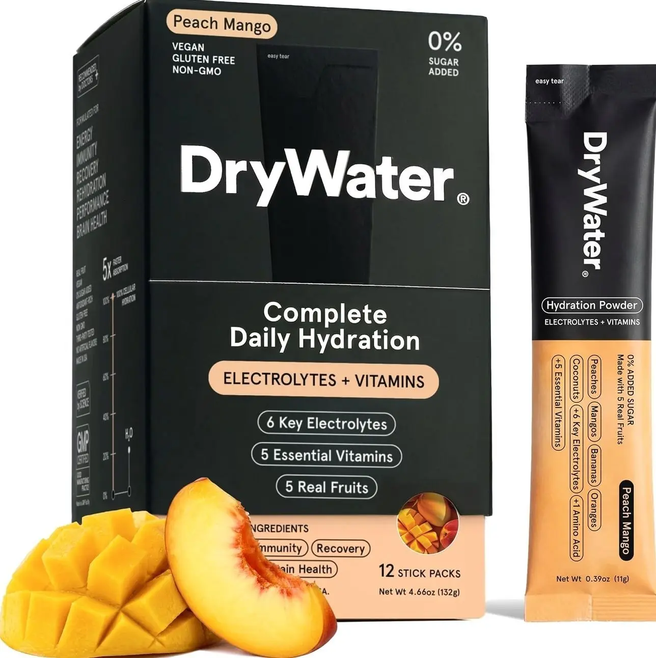 DryWater® Electrolyte + Vitamin Hydration Powder Packets – Peach Mango, 1,000mg Potassium, Real Organic Fruit, NSF Certified for Sport, Nothing Artificial, No Added Sugar (12 Stick Packs)