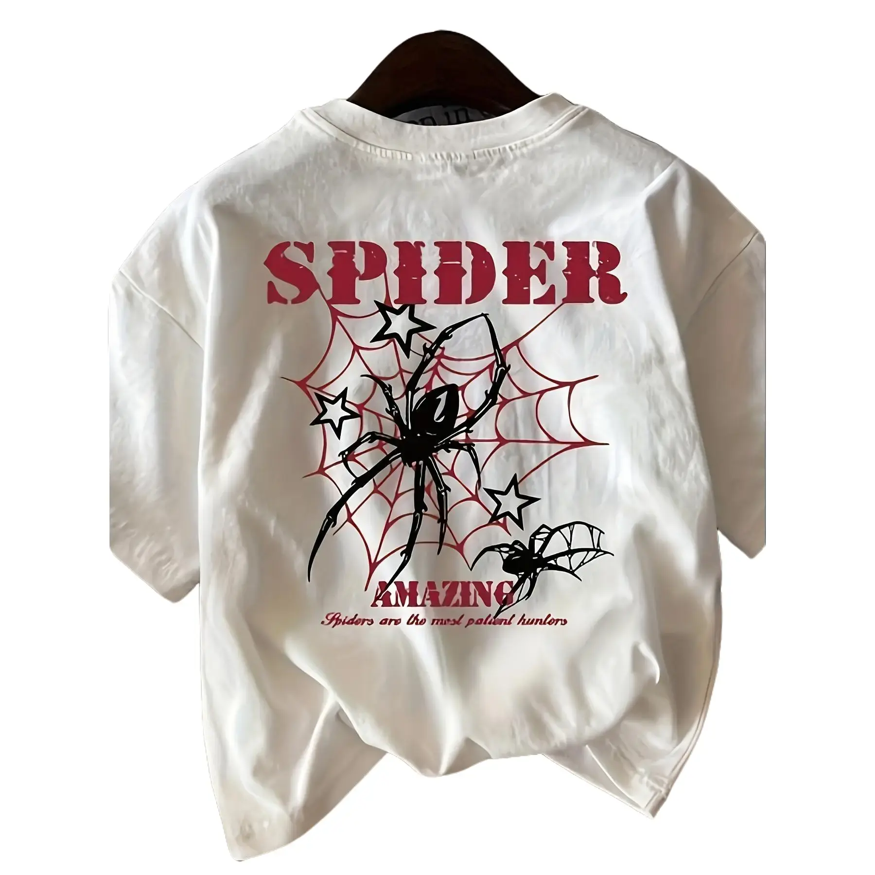 180g[100%cotton]Spider Patterned T-shirt - "Spider Wonder" Design Tee for Women Men, Red Spider Webs and Black Spiders, Casual Round Neck Unisex Short Seeved Top funny good graphic