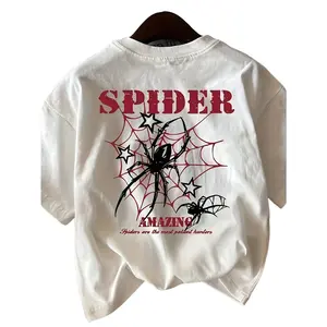 180g[100%cotton]Spider Patterned T-shirt - "Spider Wonder" Design Tee for Women Men, Red Spider Webs and Black Spiders, Casual Round Neck Unisex Short Seeved Top funny good graphic