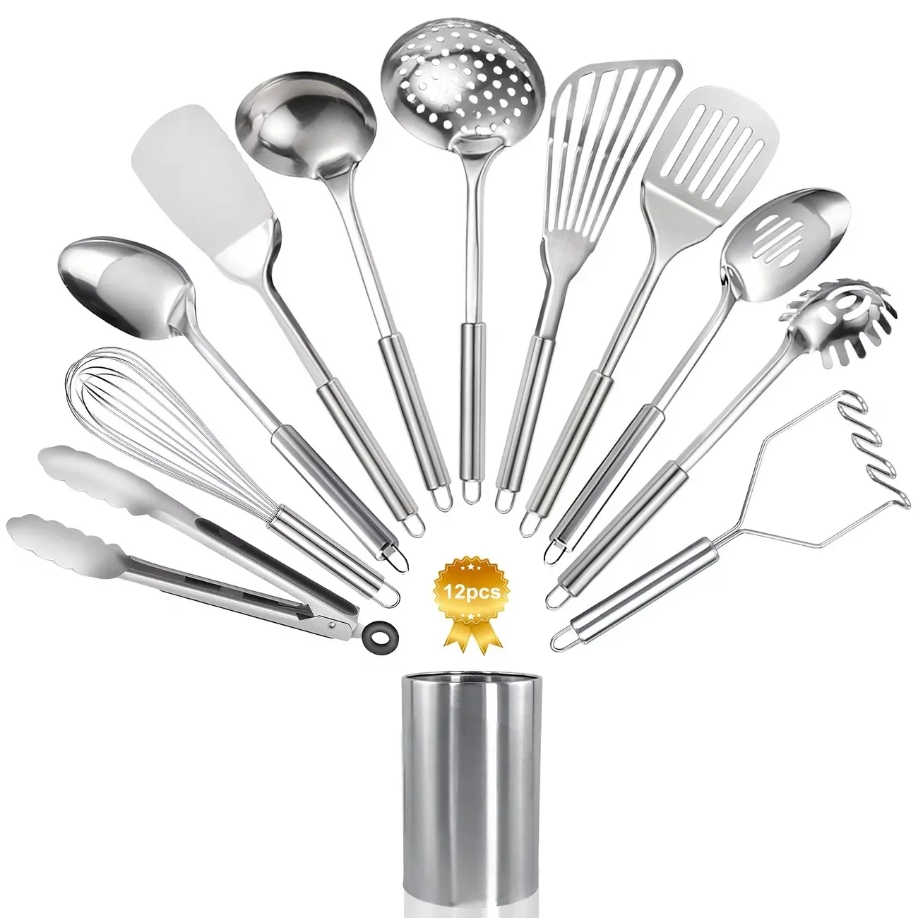 12PCS Stainless Steel Kitchen Utensils Set with Holder – Heat Resistant Cooking Tools Set, Spatula, Turner, Potato Masher, Skimmer, Spoons, Tongs & Whisk