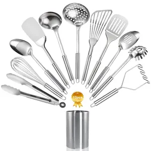 12PCS Stainless Steel Kitchen Utensils Set with Holder – Heat Resistant Cooking Tools Set, Spatula, Turner, Potato Masher, Skimmer, Spoons, Tongs & Whisk