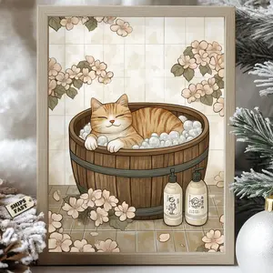 Relaxing Japanese Cat Bath Poster, Japanese-Inspired Wooden Tub with Floral Design, Tabby Cat Bubble Bath Wall Art, Charming Japanese Cat, Unframed