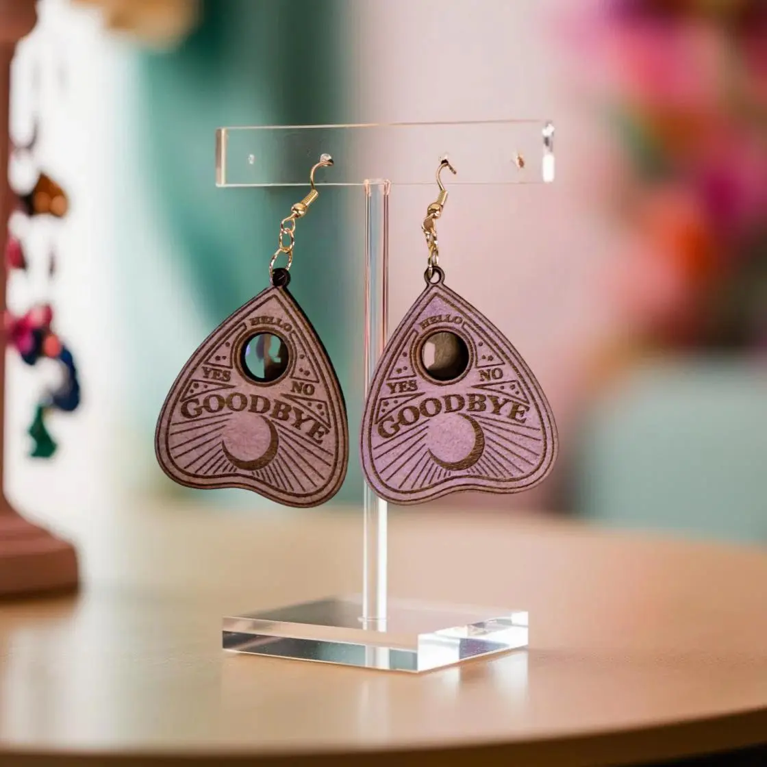 Ouija Planchette Dangle Earrings: Laser Cut Purple Wood, Spirit Board
