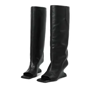 AMINUGAL Boots for Women, Suede Knee-High Slouchy Style with Square Toe and Comfortable Pull-On Inverted Wedge Heel, Footwear