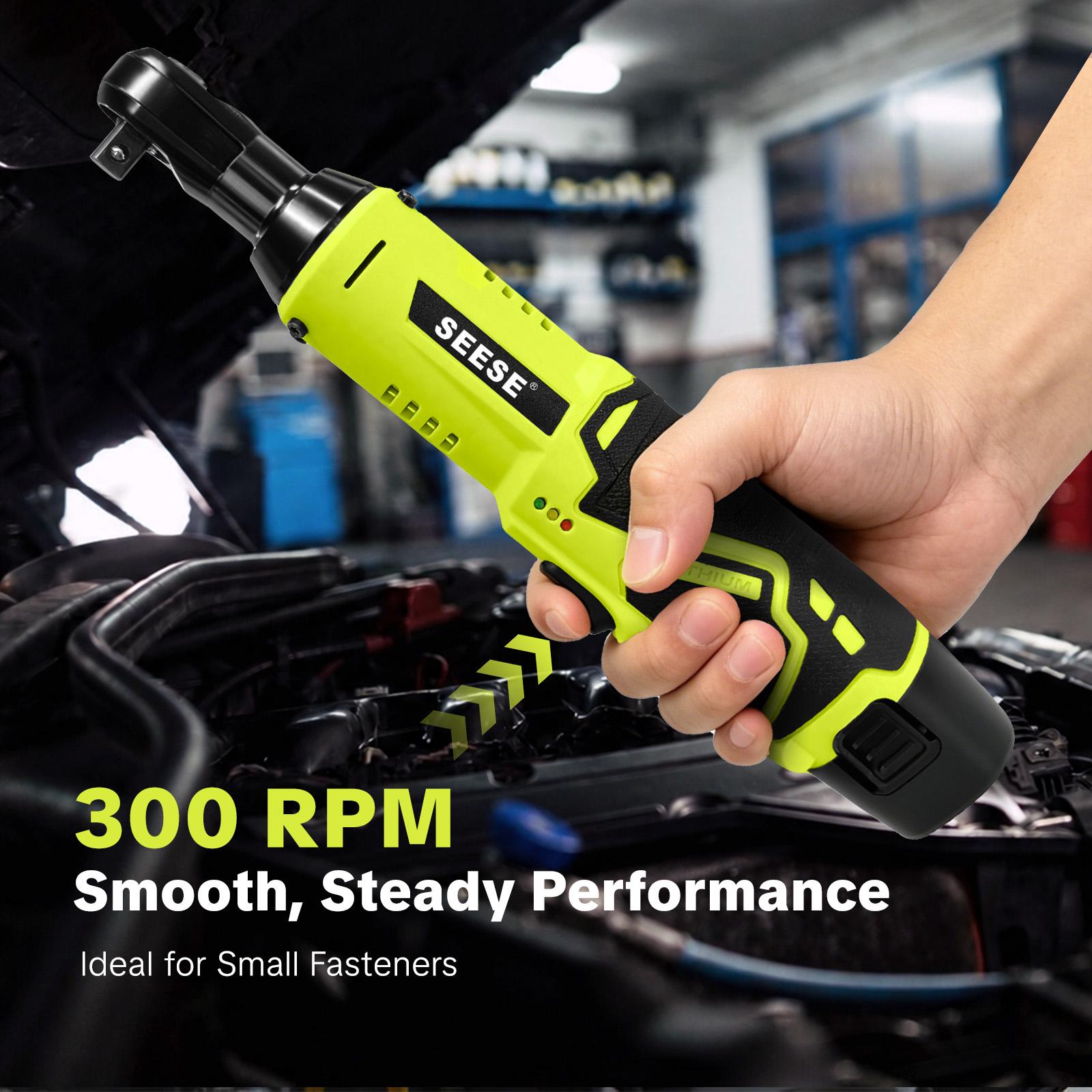 SEESE Cordless Electric Right Angle Ratchet Wrench, Socket Ratchet Wrench,3/8" Drive Cordless Torque Wrench With 2×12V Batteries And Charger，Includes 7 Sockets,Car Repair Tool for Screw & Nut Removal