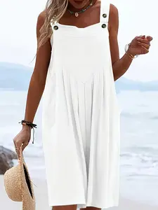 Plus Size Women's Casual Beachwear, 10 Colors Available, Pure Color Minimalist Adjustable Button Strap Skirt Pants, Loose Fit Pocketed Skirt Pants