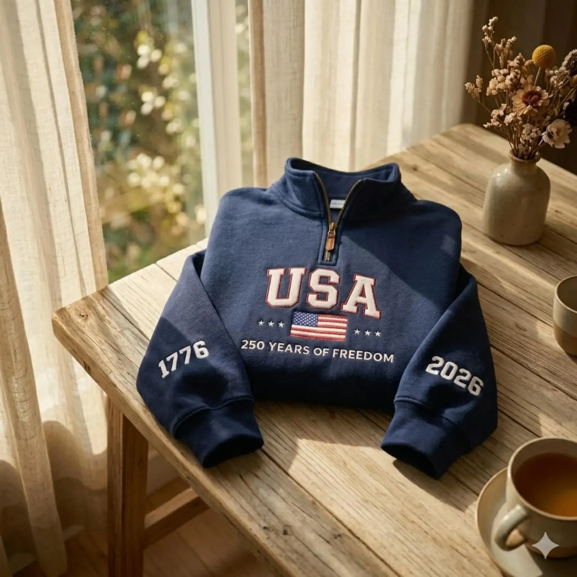 USA 250th Anniversary Embroidered Quarter Zip, America 1776–2026 Sweatshirt, Patriotic Eagle American Flag Hoodie, Varsity Letter Shirt