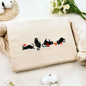 Christmas Cute Cat Embroidered Sweatshirt, Embroidered Funny Christmas Hoodie, Christmas Cute Cat Shirt, Cat Lover Crew Neck Sweatshirt, Black Cat Christmas Shirt, Embroidered Black Cat Hoodie