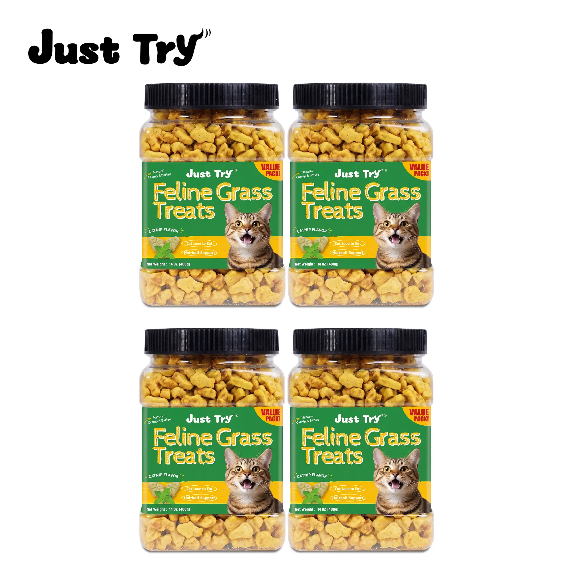 JUST TRY 4PCS Cat Treats for Indoor Cats Hairball Control Natural Salmon Healthy Cat Grass Treats Kitten Snacks Training Biscuits Catnip for Cats Dental Care 14.1 OZ