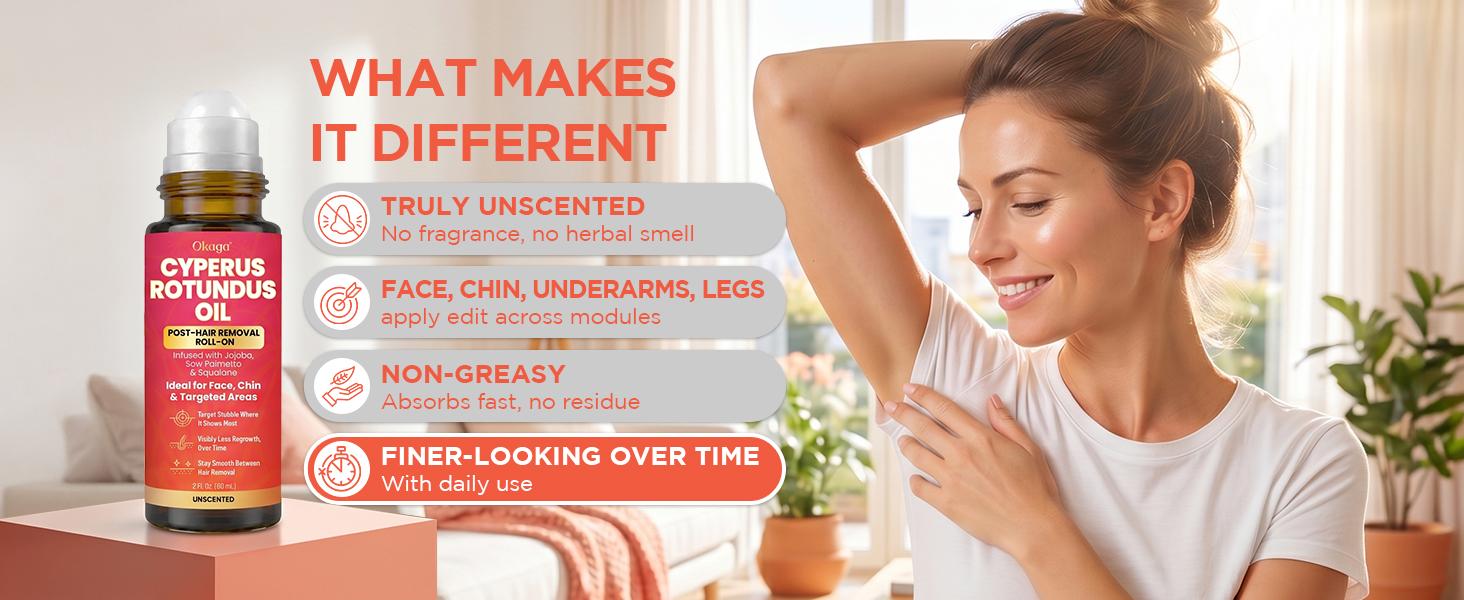 Okaga Cyperus Rotundus Oil | Natural Post-Hair Removal Roll-On | Armpit, Face, Chin, & Targeted Areas | Unscented | 60mL