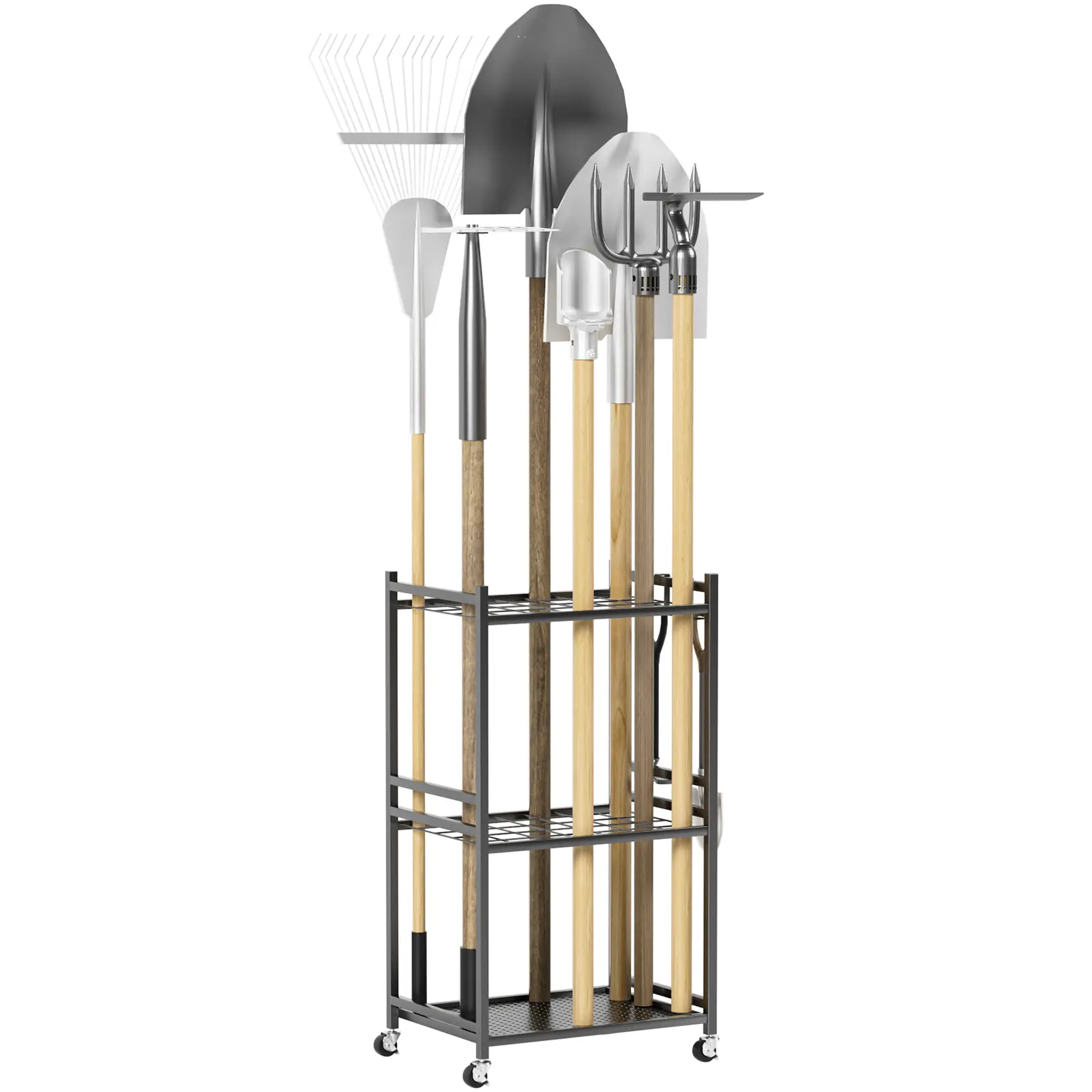 Garden Tool Organizer, 35-Slot Steel Rolling Rack with Wheels, Adjustable Feet Yard Tool Rack for Shovels, Rakes, Brooms and Cleaning Equipment, Efficient Tool Organization System
