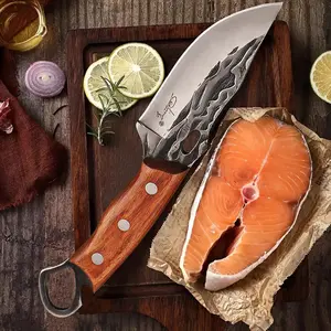 High carbon steel chef's knife, barbecue knife, vegetable knife, fixed blade, solid wood handle, with sheath, suitable for professional cutting, home, camping barbecue cooking, also a great gift.