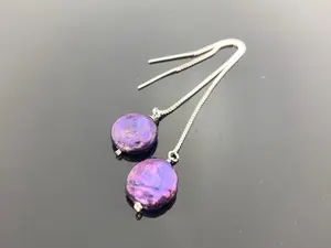 Blue Freshwater Coin Pearl Threader Earrings · 925 Sterling Silver · Dainty Minimalist Jewelry Gift for Her · Modern Elegance