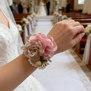 Elegant Girl Bridesmaid Wrist Corsage Bridal Silk Wrist Flower, Stretch Bracelet Wristband For Wedding Prom Hand Flowers