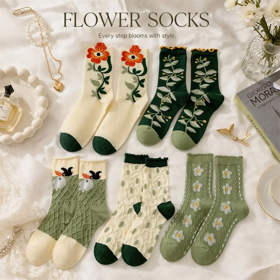 Women's Crew Socks, 5-Pair Aesthetic Set with Gorgeous Floral Embroidery, Soft Breathable Cotton for Casual Loungewear, Everyday, Elastic, Warmer, Lightweight, Embroidered, Style, Elegance, Casual Wear