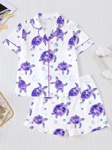 Dream Turtle Button Front Short Sleeve Pajama Set, Fire Retardant Fashion Sleepwear, Print Sleepwear, Casual Home Wear for Kids, Pajamas