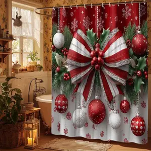 1pc Red & White Bow Snowflake Design Polyester Shower Curtain, 66x72 in Washable with 12 Hooks, Festive Holiday Bathroom Christmas Decor