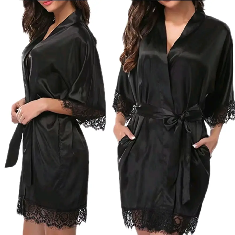 Goddess Vixen Silk Glowup Robe - Black Satin with Lace Trim & Belted Design for Women's Fashion