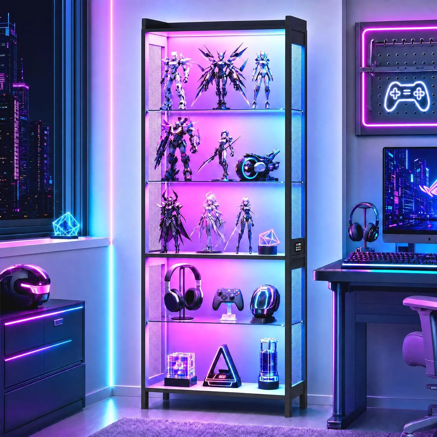 Lvifur 67" 5-Tier Display Case with Glass Shelves and RGB Light Lighted LED Motion Sensor, Adjustable Shelf, APP Control, Guardrail Top Showcase for Collectibles Action Figures