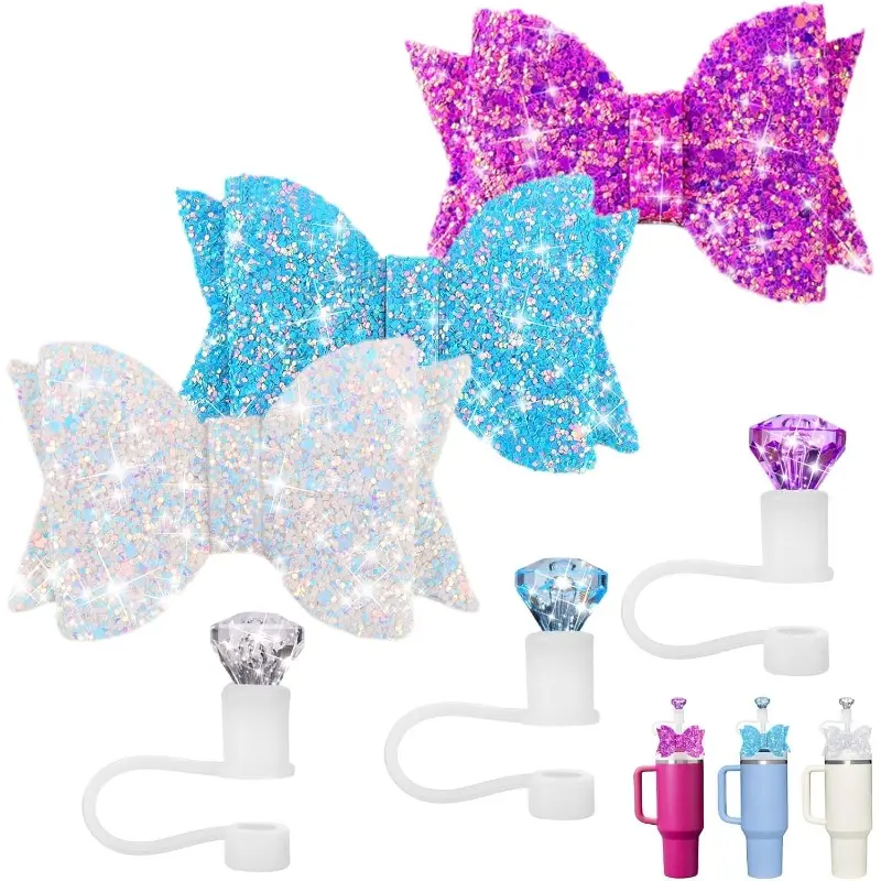 6-pcs Bow Tie and Diamond Straw Cap, Silicone Beverage Cap Covers, Reusable Straw Cap for Roller Cup (without Cup), Colored Straw Decoration Set, Pink/Blue/White, Textiles & Soft Furnishings