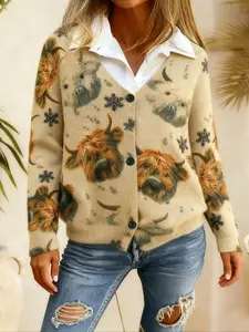 【Plus Size】 Leaf & Bull Head Animal Print Button Front Knitwear Cardigan, Casual Fitted Long Sleeve V Neck Cardigan Sweater for Fall & Winter, Women's Plus Clothing for Daily Wear
