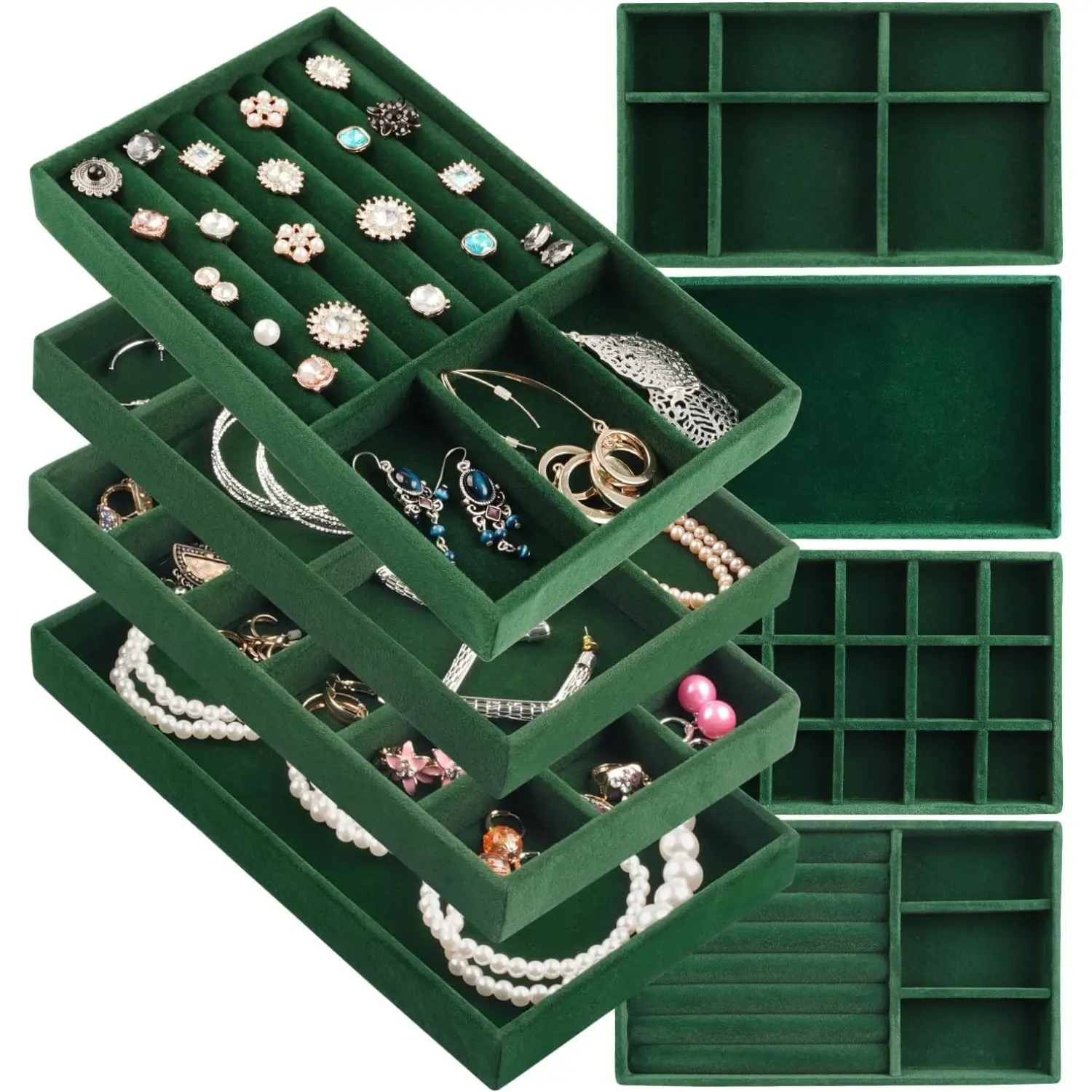 8 Pcs Stackable Velvet Jewelry Organizer Trays,Emerald Green Jewelry Storage Tray Set for Drawer & Dresser,Soft Velvet Earring Ring Necklace Display Holder,Halloween Christmas Party Fathersdaygift