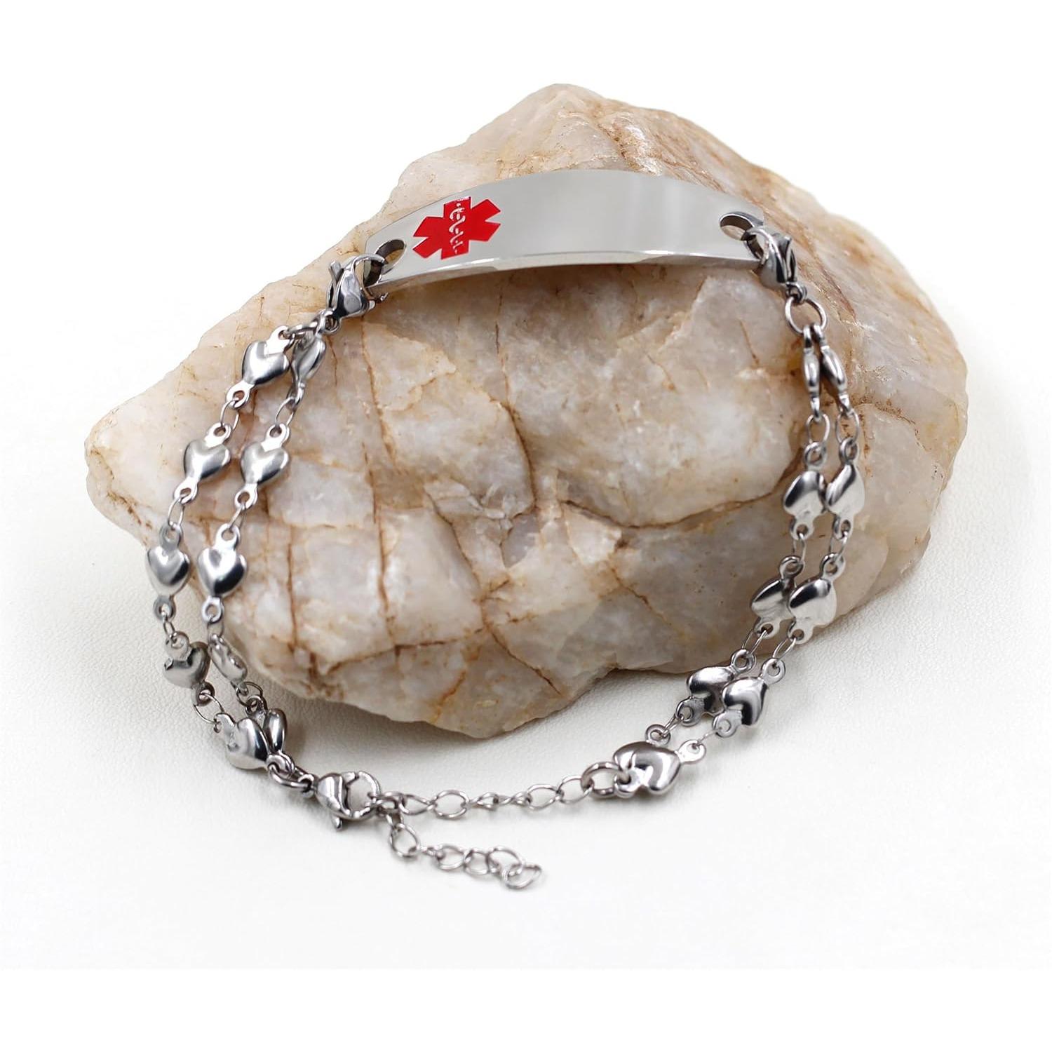 Uloveido Heart ID Bracelet for Women, Double Chain Wristband with Emergency Info Access, Elegant Safety Jewelry for Daily Wear