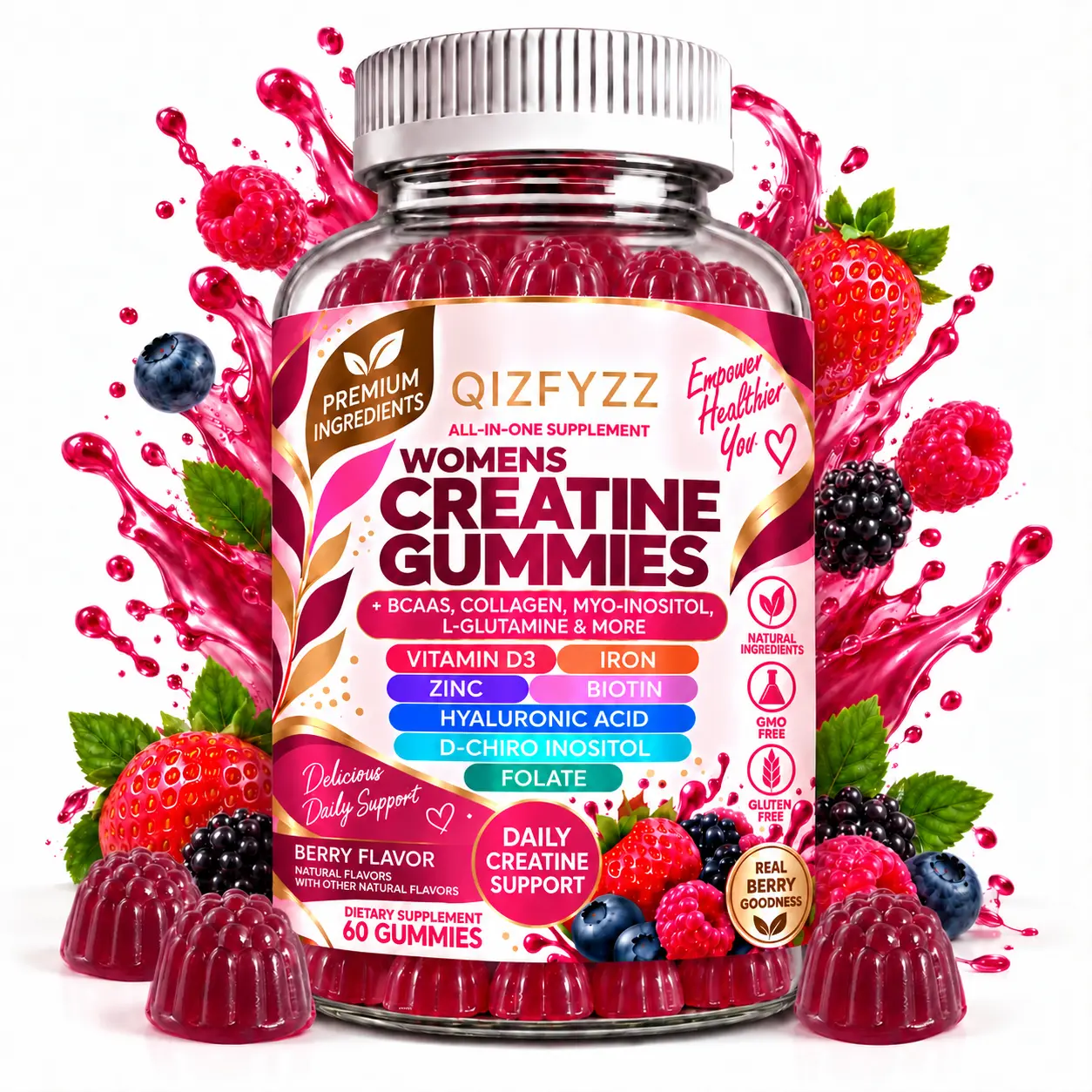QIZFYZZ Edible Creatine Monohydrate Gummies Bottle - Multi-Nutrient Amino Supplement with BCAA, Myo-Inositol, Collagen, Biotin, Hyaluronic Acid, L-Glutamine, Vitamin D3, Iron, Zinc, Folate, D-Chiro Inositol for Post Workout Performance & Recovery Boost