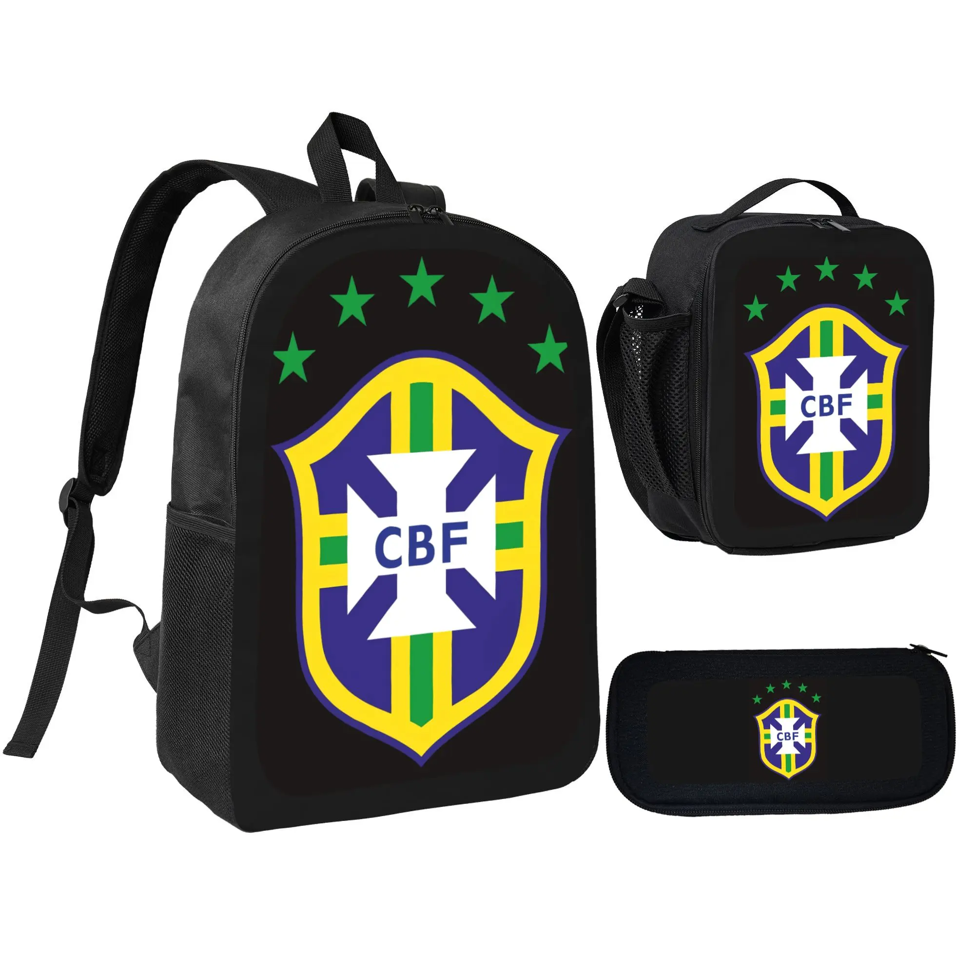 Unisex Brazil National Football Team 3-Piece Backpack Set for Back to School Students - Includes Lunch Box, Ideal for Fans to Show Team Spirit