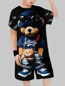 Street Bear Trendy, Bottom Hip-Hop Boys Short Sleeve Set, Daily Wear Super Eye-Catching, Casual Fitted Style, Clothes Kids