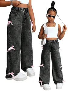 Acid Wash Denim Jeans for Teen Girls, Bow Appliques, Distressed Wide Leg Pants, Y2K Coquette Aesthetic, High Waisted Kids Trousers 130-160cm