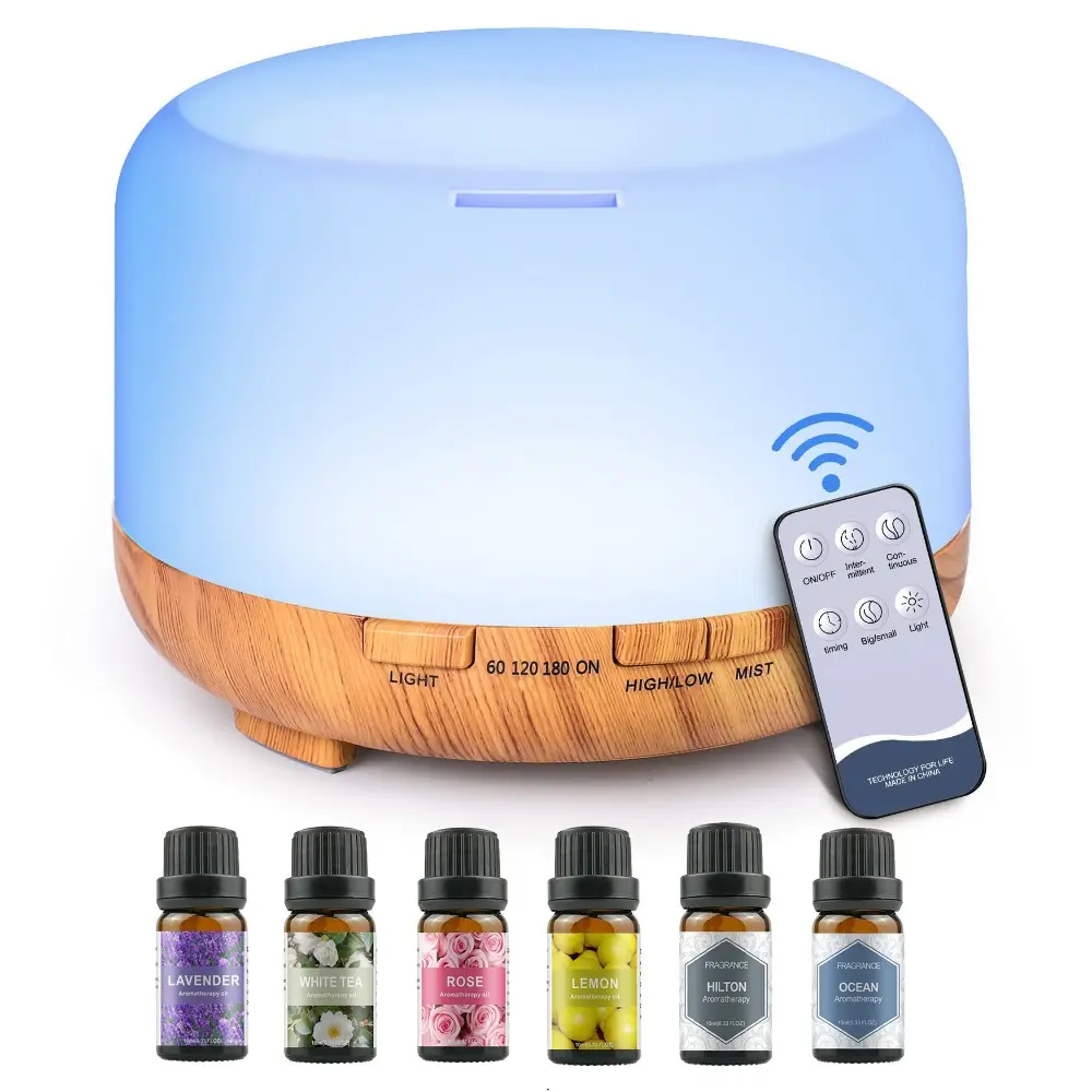 500ML Aromatherapy Oil Diffuser, Auto Shut Off (When Water Runs Out) Essential Oil Aroma Diffuser with 6 Bottle 10ML Essential Oil Set (Lavender/Rose/Jasmine/Lemon/Hilton/Ocean) for Home Office Bedroom