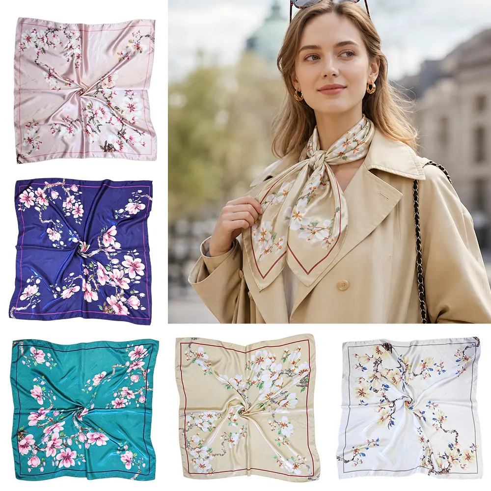 Women's Breathable Soft Multi-Colors Synthetic Satin Polyester Square Scarf Set (5-Pack, 35x35in/90cm) - Sister-Approved Waist Band, Neck/Head Wrap for Travel Wear, Work
