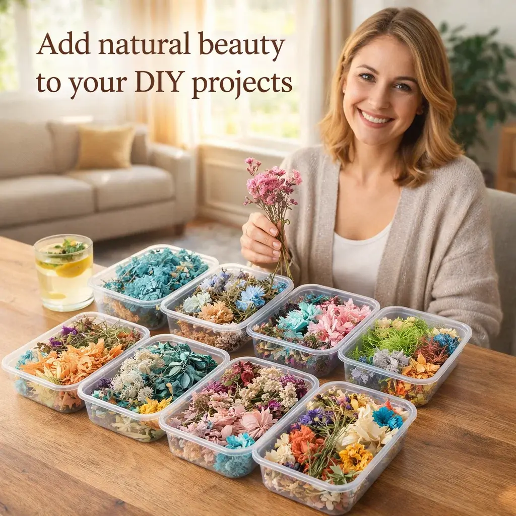 Random Mix Dry Flower Set - 4-Box Mixed Dried Flowers & Leaves for DIY Resin Jewelry, Crafting, Holiday Decorations
