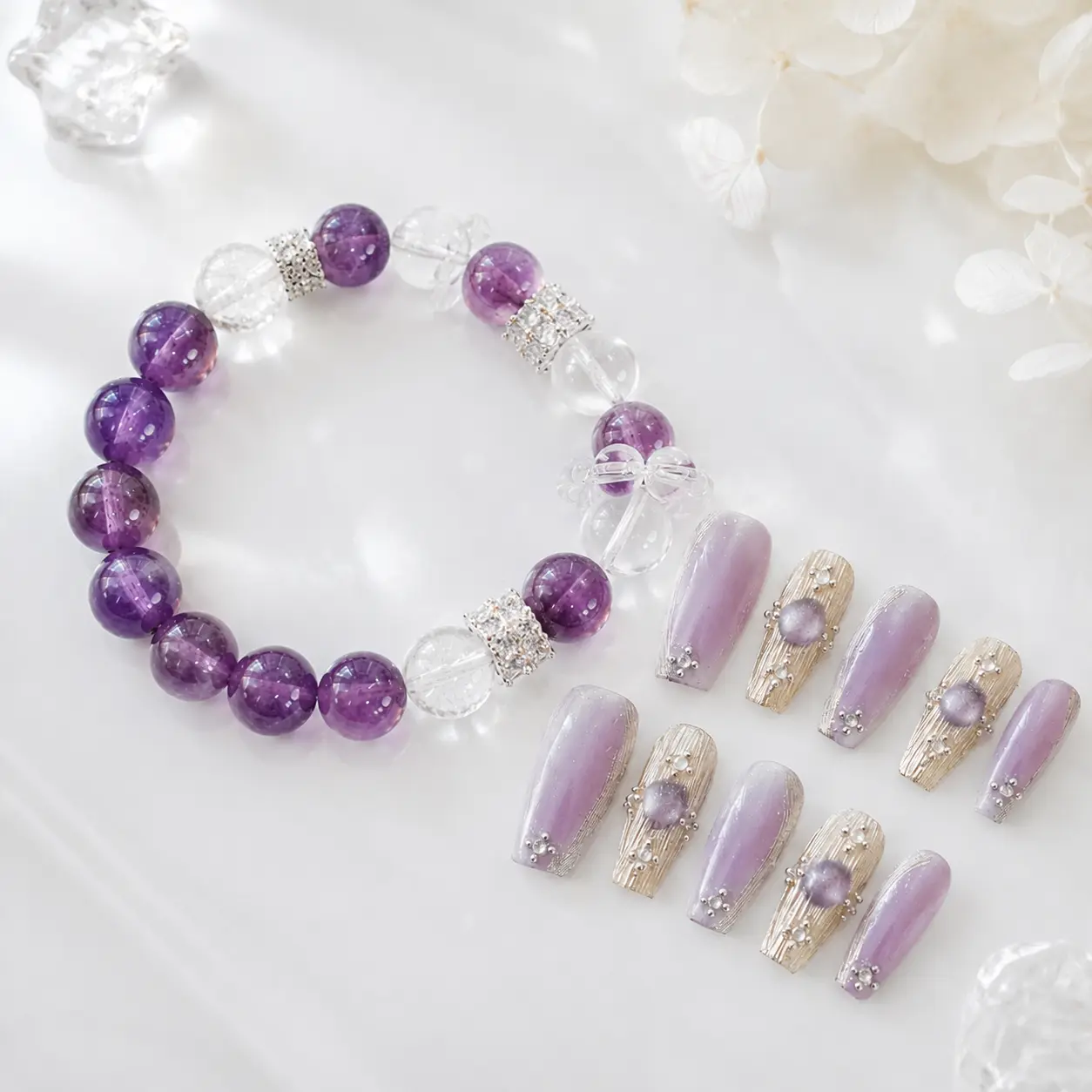 Grape Fizz Purple Crystal Bracelet & Press On Nails Set, Lavender Glossy Nail Art Jewelry Matching Set for Women