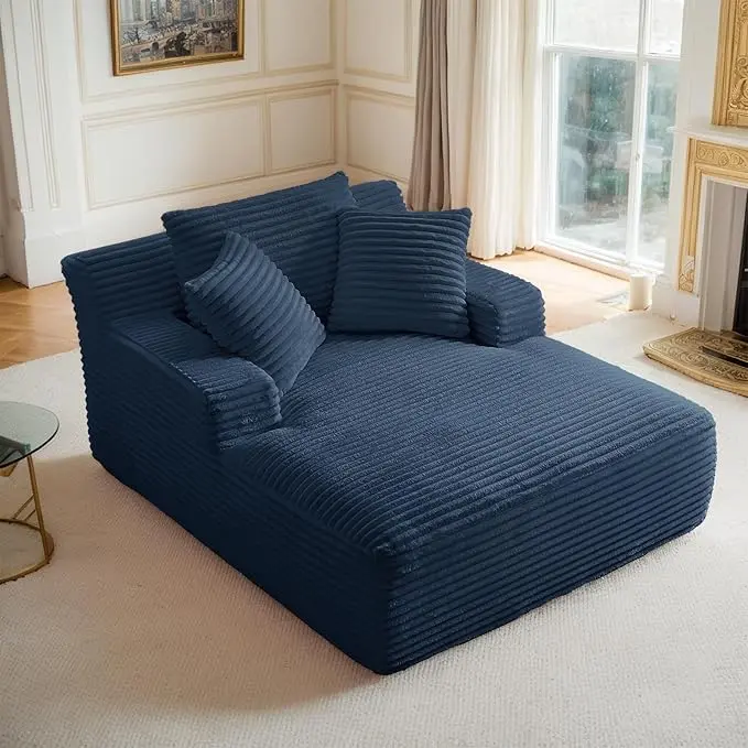 51" Oversized Chaise Lounge Chair Indoor Compressed Sleeper Sofa Bed, Modern Fluffy Corduroy Upholstered Lounger Daybed with 3 Throw Pillows and Wide Armrest for Living Room, Bedroom, Apartment,No Assembly Required