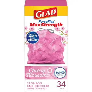 Glad 13 Gal ForceFlex MaxStrength Tall Kitchen Drawstring Cherry Blossom with Febreze Pink Trash Bags (34-Count),13 gallon kitchen trash bags,grips-the-can drawstring,forceflex stretch,rip and tear resistant,odor lock,cherry blossom scent,pink bags,strong