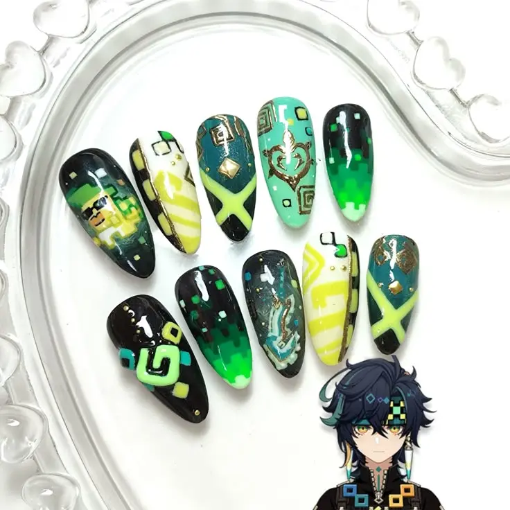 Kinich Genshin Impact Press On Nails, Teal Green Pixel Art Nail Design, 3D Ajaw Character Handmade Fake Nails, Anime Game Nail Set with Free Adhesive Tabs Nail File & Cuticle Stick