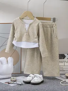 Girls' Colorblock Casual Set, Fitted Short Tops & Wide Leg Pants, Soft Comfortable Fabric, Spring & Fall, Daily School Wear, Girl Clothes School